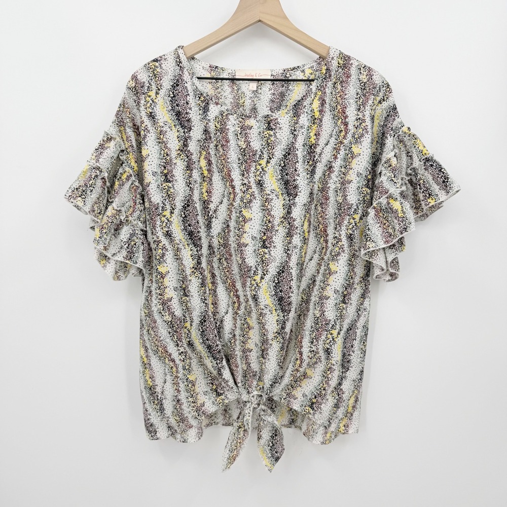 Hailey & Co Tie Front Ruffle Sleeve Floral Abstract Blouse L Boho Cottagecore